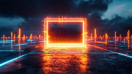 Fototapete - A glowing rectangular frame stands amidst a futuristic landscape, surrounded by glowing lines and a dramatic sky, creating a vibrant digital atmosphere.