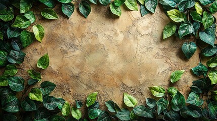 Aufkleber - Green leaves framing a textured brown background creating a natural, earthy aesthetic suitable for design or decor