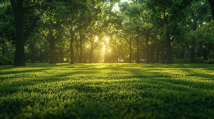 Wall Mural - sunlight filters through trees in a lush forest during early morning hours, creating a serene, tranq