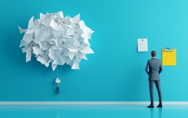 Poster - A businessman contemplates a cloud of crumpled paper on a bright blue wall, symbolizing creativity and challenges in problem-solving.