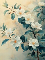 Wall Mural - A painting of a branch with white flowers