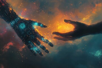 Wall Mural - A hand reaching out to another hand in a space filled with fire and smoke