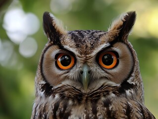 Wall Mural - Close-up of an owl's face, highlighting its striking orange eyes and detailed feathers