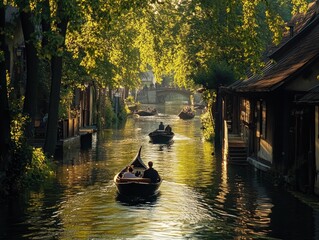 Wall Mural - Tranquil canal scene with boats, trees and houses in golden light at sunset