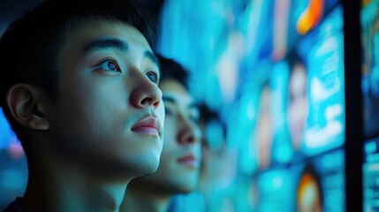 Poster - Young Men Gazing at a Futuristic Digital Display, Filled with Wonder and Curiosity