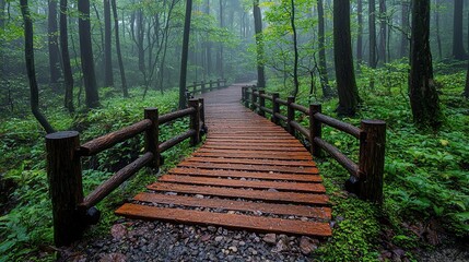 Wall Mural - winding wooden pathway through lush green forest in a misty atmosphere during early morning hours