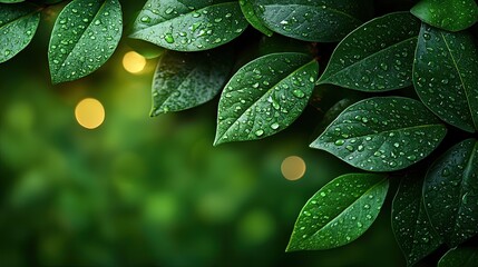 Wall Mural - fresh green leaves with droplets glistening in soft light during a calm morning