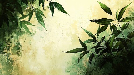 Wall Mural - peaceful bamboo leaves framing a serene background showcasing nature's beauty at golden hour