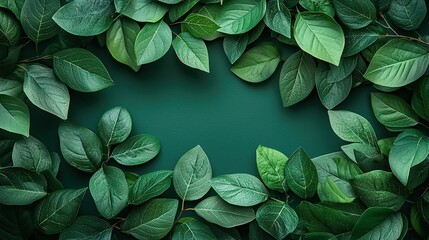 Wall Mural - green leaves create a natural frame on a dark background showcasing various shades and textures of f