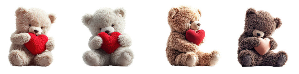 Poster - Group of teddy bears holding hearts in their mouths arranged on a white background isolated on a white background