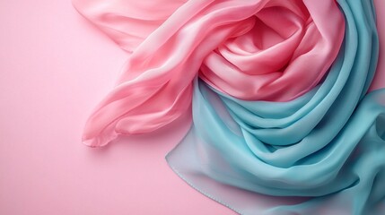 Poster - A beautifully arranged silk scarf is elegantly draped across a soft pink surface, blending shades of pastel pink and blue. This artistic display highlights its luxurious material and inviting colors