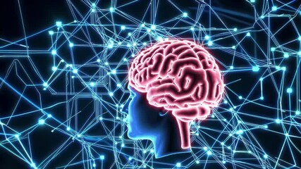 Glowing human brain on black background connected with computer
