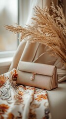 Poster - A blend of textures and colors showcases a chic clutch elegantly resting on a soft fabric, surrounded by delicate dried plants. This stylish flat-lay hints at a warm, seasonal atmosphere