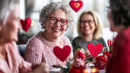 Joyful elderly women celebrating Valentine's Day with friends at a cozy gathering. Concept of love, friendship, and happiness in later life