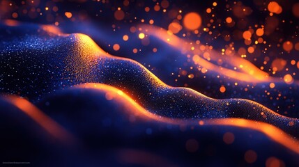 Poster - abstract dark blue surface with golden particles and orange bokeh lights