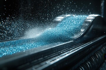 Poster - Abstract Data Flow: A Wave of Blue Particles Moving Across a Futuristic Surface