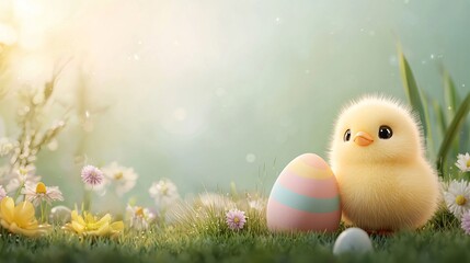 Yellow chick and Easter egg in a vibrant wildflower-filled field