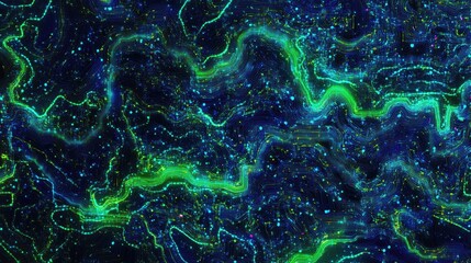 Poster - Abstract glowing circuits texture in neon blue and green, forming a futuristic tech pattern.