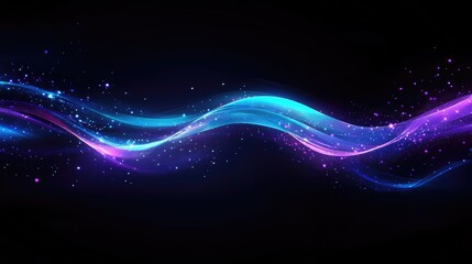 Poster - Abstract glowing lines forming a wave-like pattern in shades of neon blue and purple on a dark background.