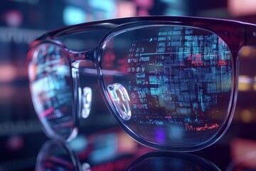 Poster - High-tech glasses displaying digital data in vibrant colors and patterns