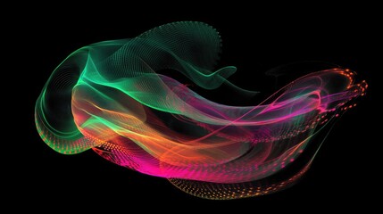 Poster - Abstract texture of swirling neon light trails in vibrant green, pink, and orange on a black background.