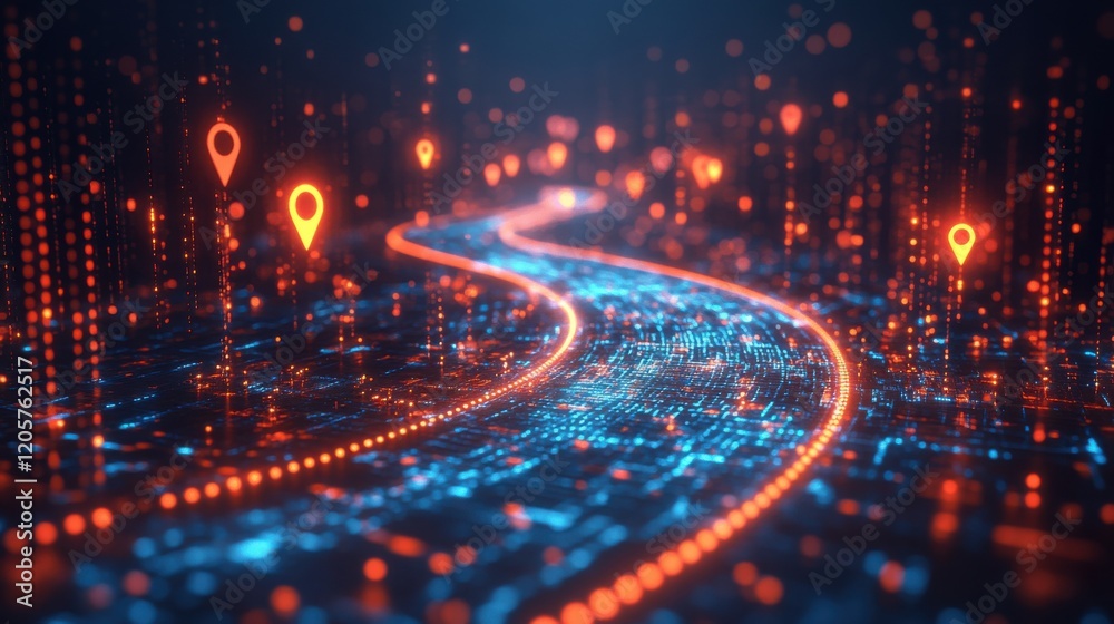 Vector graphic of a path made from code, with location pins and ...