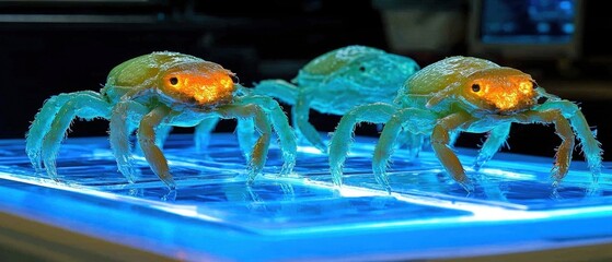 Poster - Luminous Translucent Crabs on Glowing Blue Surface: A Surreal Underwater Scene