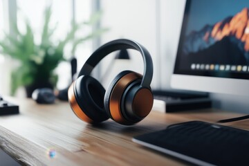 Poster - Modern workspace setup with headphones and computer in a bright office environment