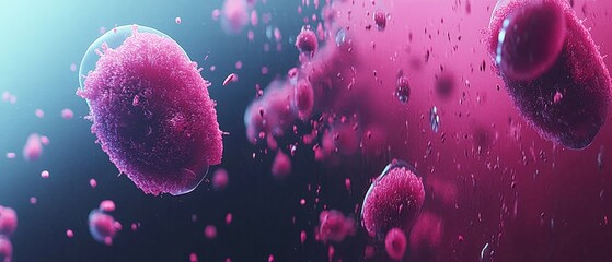Poster - Abstract Microscopic View of Pink Cells in a Dark Blue Environment. Intricate Details Reveal a Mysterious Yet Artistic Biological Theme