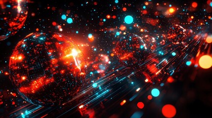 Poster - Abstract Glowing Spheres and Dynamic Light Trails in Red, Blue, and Black