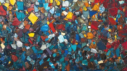 Poster - Close-up of colorful mosaic tiles in a chaotic yet harmonious arrangement of blues, reds, and yellows.
