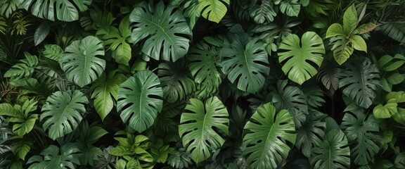 Colorful and diverse selection of tropical green leaves from various tree species, outdoors, leaf textures