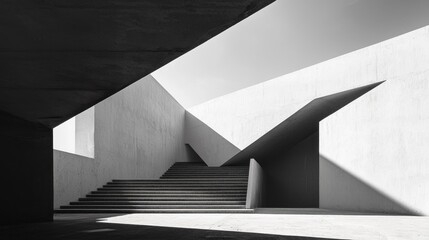 Poster - A modern staircase unfolds, showcasing strong geometric lines and a harmonious play of light and shadow. The minimalist design invites contemplation and curiosity about the space's purpose
