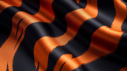 Poster - A striking fabric showcases bold orange and black tiger stripes, flowing and shimmering with a sense of dynamic movement. Ideal for eye-catching fashion projects or home decor
