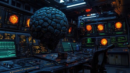 Poster - Futuristic Control Room with Glowing Sphere and Data Screens
