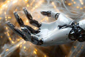 Poster - Futuristic robotic hand reaching out against a backdrop of glowing particles and smoke