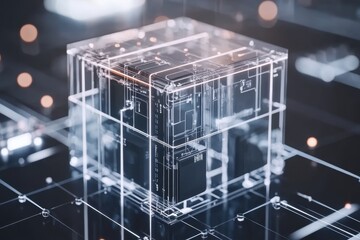 Fototapete - Futuristic transparent cube with intricate technology details in a digital environment