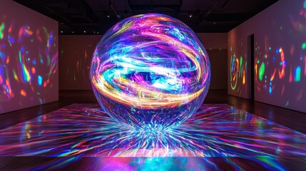 Poster - A vibrant orb of swirling neon light stands at the center of an art space, casting colorful reflections that dance across the walls and floor, enchanting all who visit this immersive installation