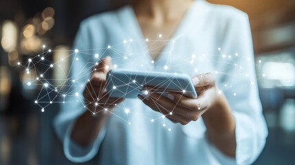 Poster - Woman using smartphone with glowing digital network emanating from the device