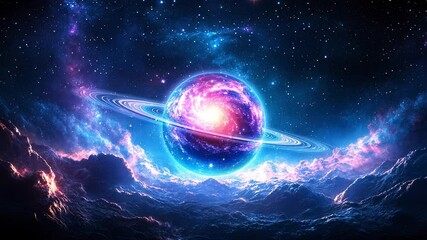 Wall Mural - cosmic scene of a vibrant planet surrounded by rings