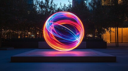 Poster - Vibrant streaks of neon light swirl around a glowing orb, captivating onlookers amidst a serene urban landscape just as evening descends. Colors dance as twilight deepens