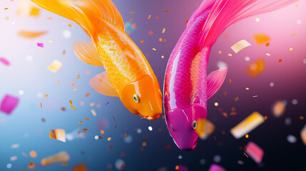 Canvas Print - Two vibrant Koi fish, one orange and one pink, swim amidst a shower of confetti.