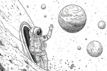 Poster - Astronaut and space-themed illustrations, featuring planets, stars, rockets, and comets, ideal for kids' activities or decorations.
