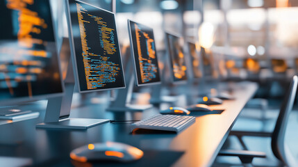 Rows of computers displaying lines of code illuminate a modern office.