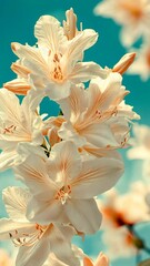 Wall Mural - Beautiful white flowers with soft peach accents blooming against a clear blue sky during springtime