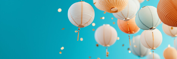 Canvas Print - Pastel paper lanterns float against a bright blue backdrop, creating a festive and cheerful mood.