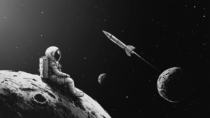 Fototapete - Astronaut and space-themed illustrations, featuring planets, stars, rockets, and comets, ideal for kids' activities or decorations.

