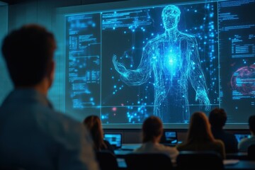 Poster - Advanced technology demonstration in a modern classroom setting with virtual human model