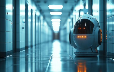 Poster - Solitary Robot in a Futuristic Corridor: A Sci-Fi Scene