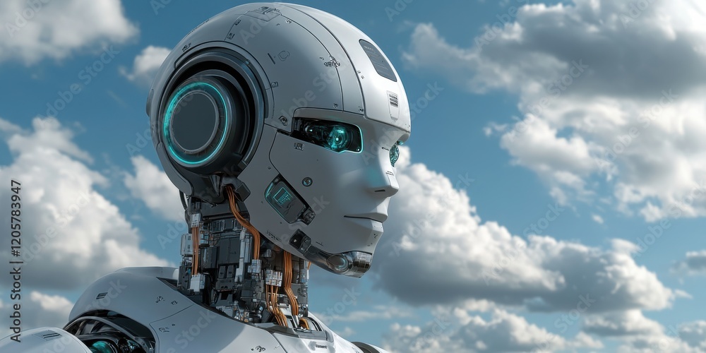 Futuristic humanoid robot with intricate mechanical design and sky ...
